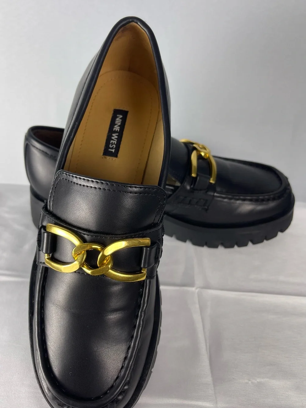 Nine West Black Leather Loafers with Gold Chain Accent